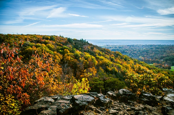 trail around the side of a hill looking out at a fall forest