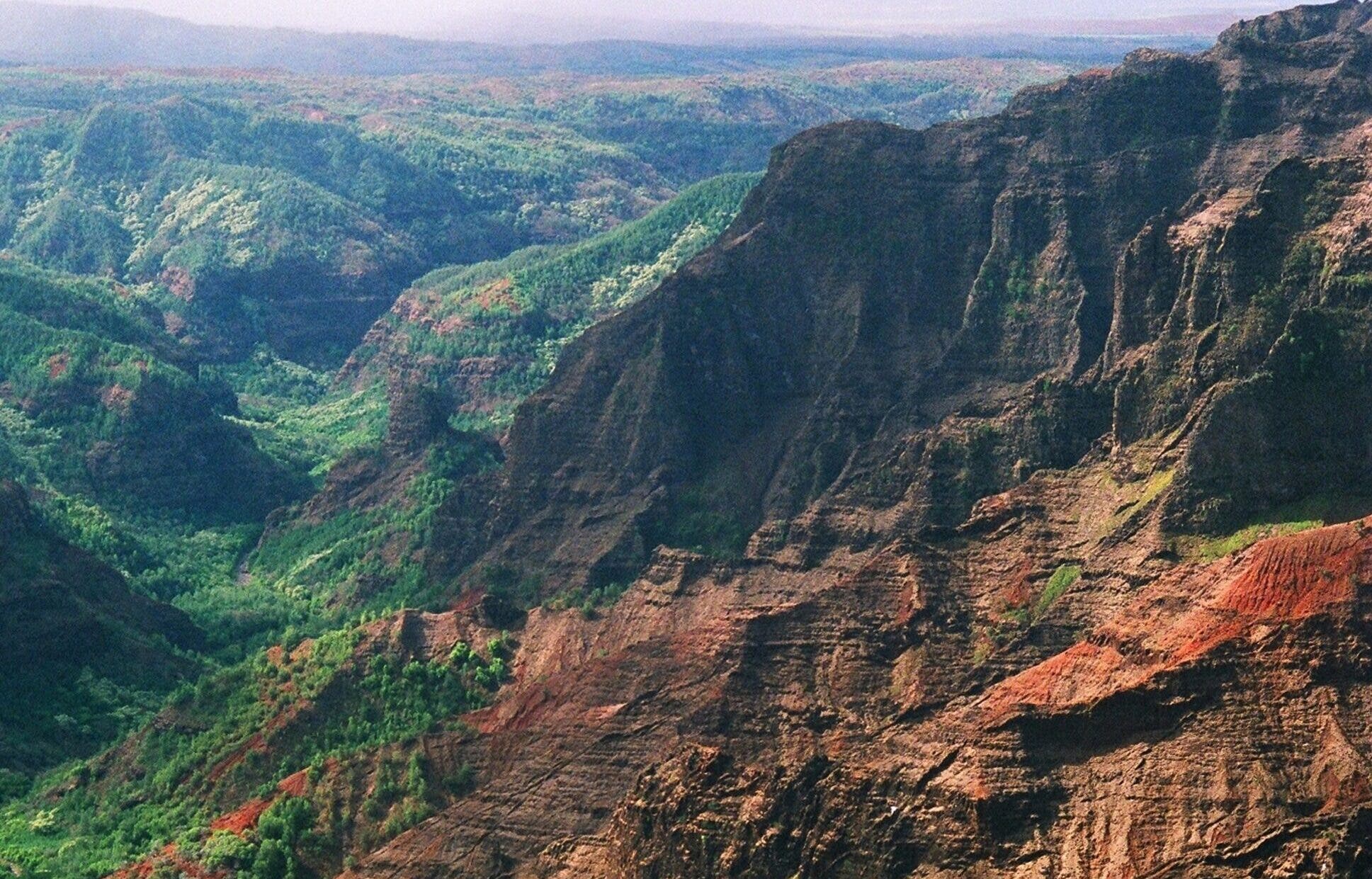 A view of the cliffs and tropical montane vegetation of the Waimea Canyon, located on the western side of Kauai, Hawaii.