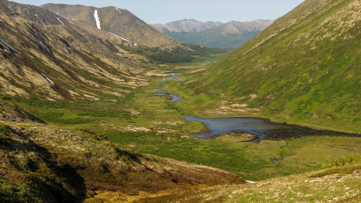 view of valley, lake, and peaks from Resurrection Pass