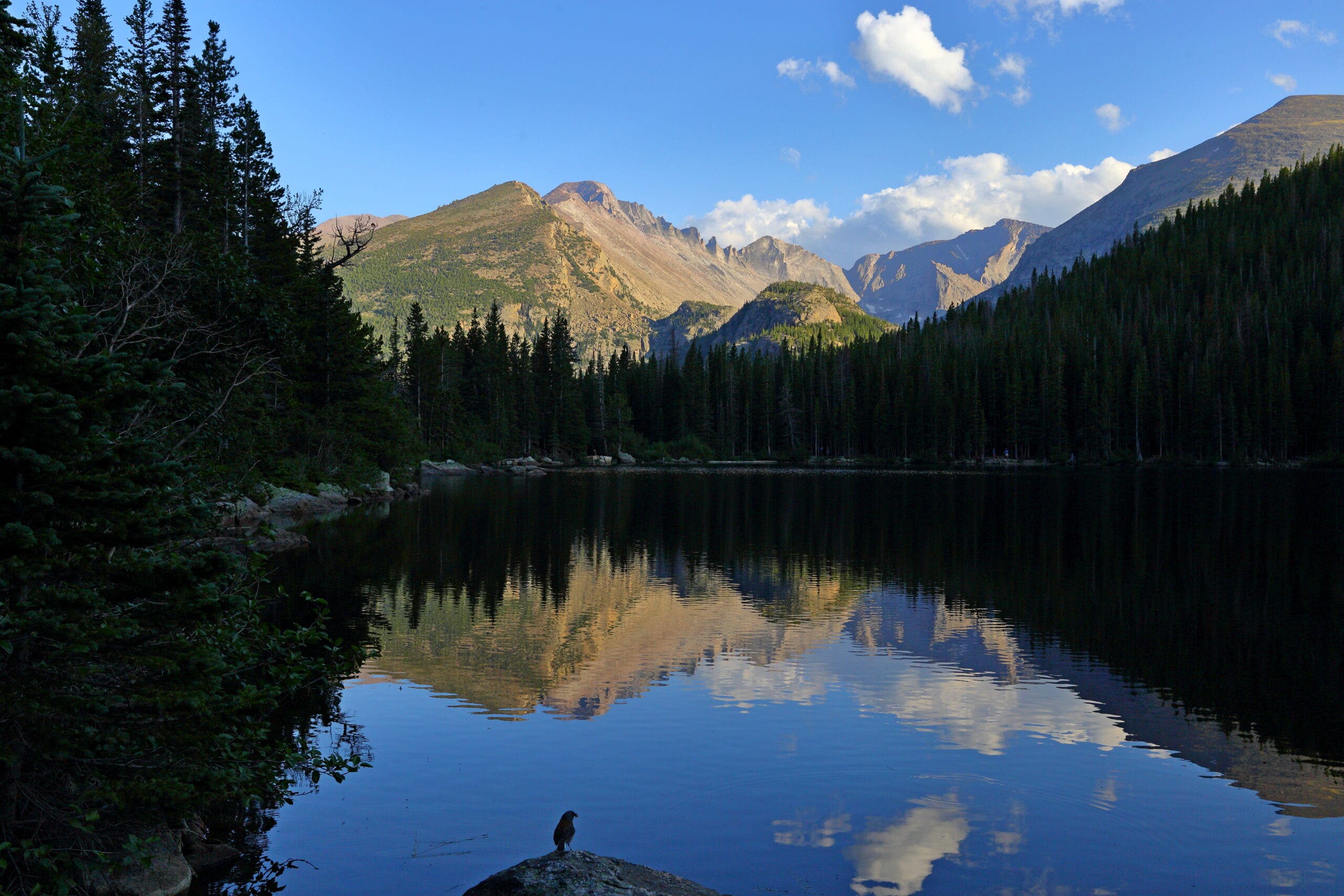 Bear Lake and reflection with mountains, Rocky Mountain National Park in Colorado, USA.
