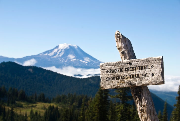 Sign for the Pacific Crest trail, with Mount Adams in background
