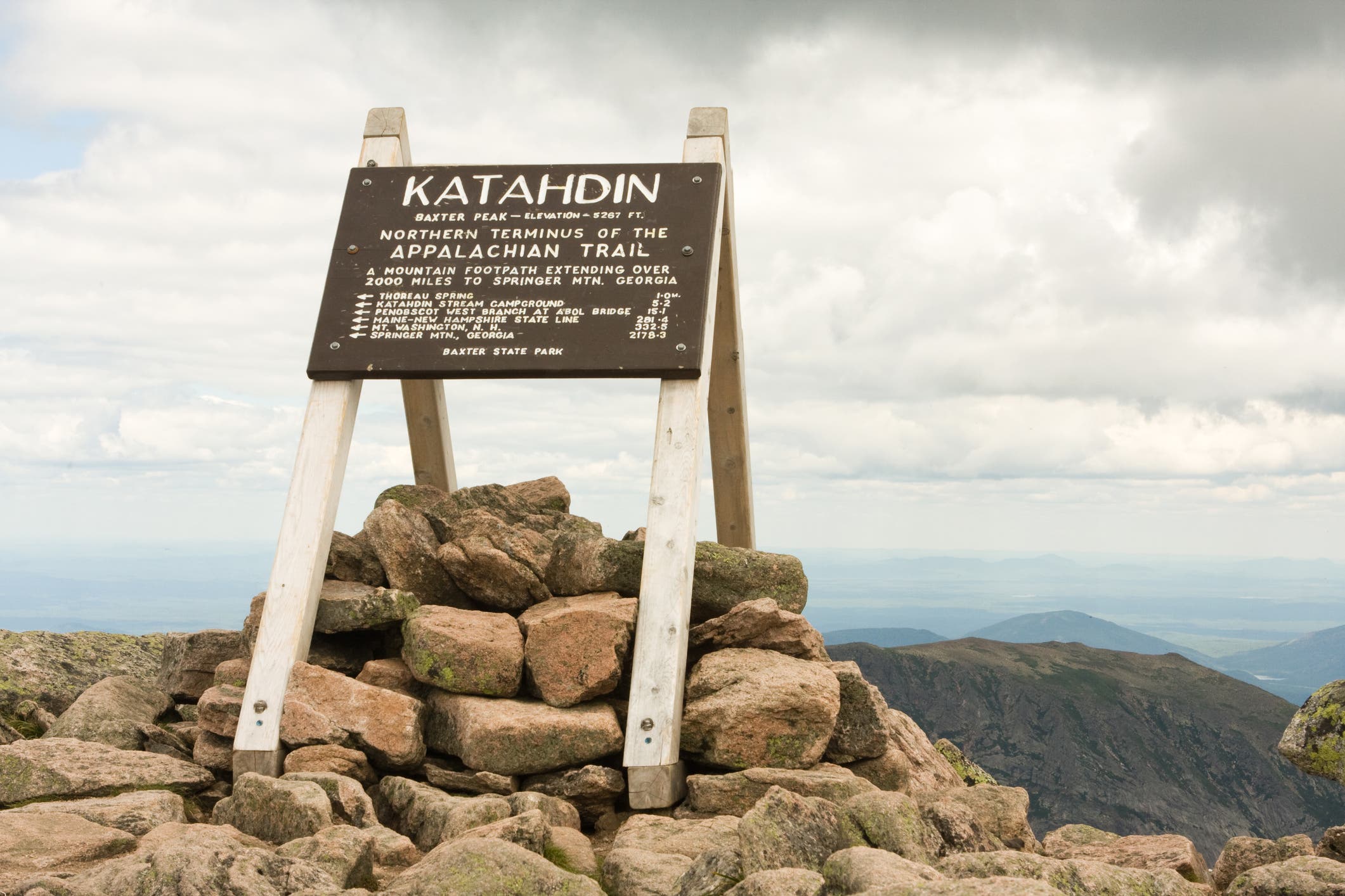 Sign at the top of Mt Katahdin, marking the northern terminus of the Appalachian Trail