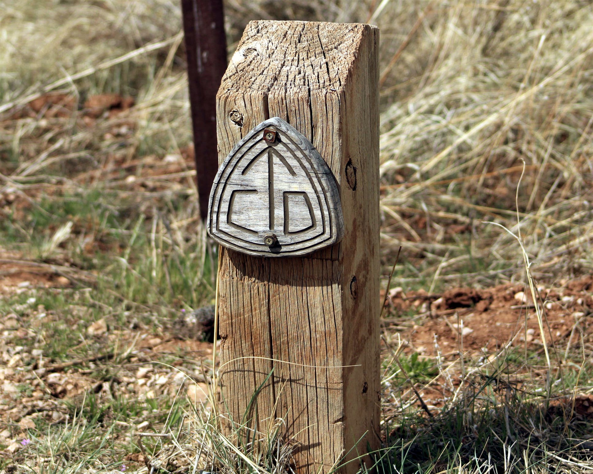 A wooden trail marker bearing the CDT logo.
