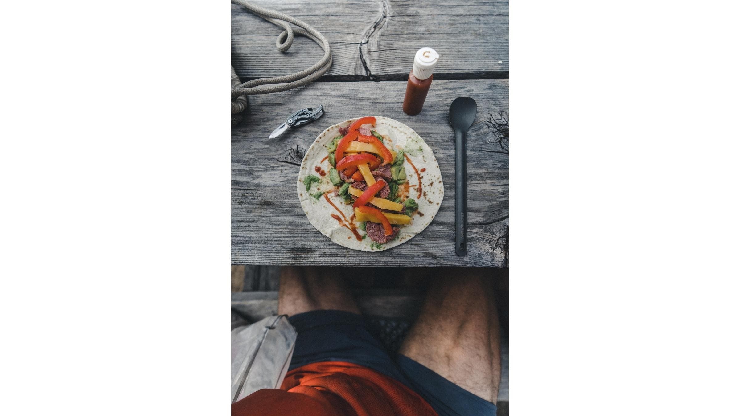 Pictured here is a tortilla stuffed with red pepper, cheddar, summer sausage, avocado and sriracha.