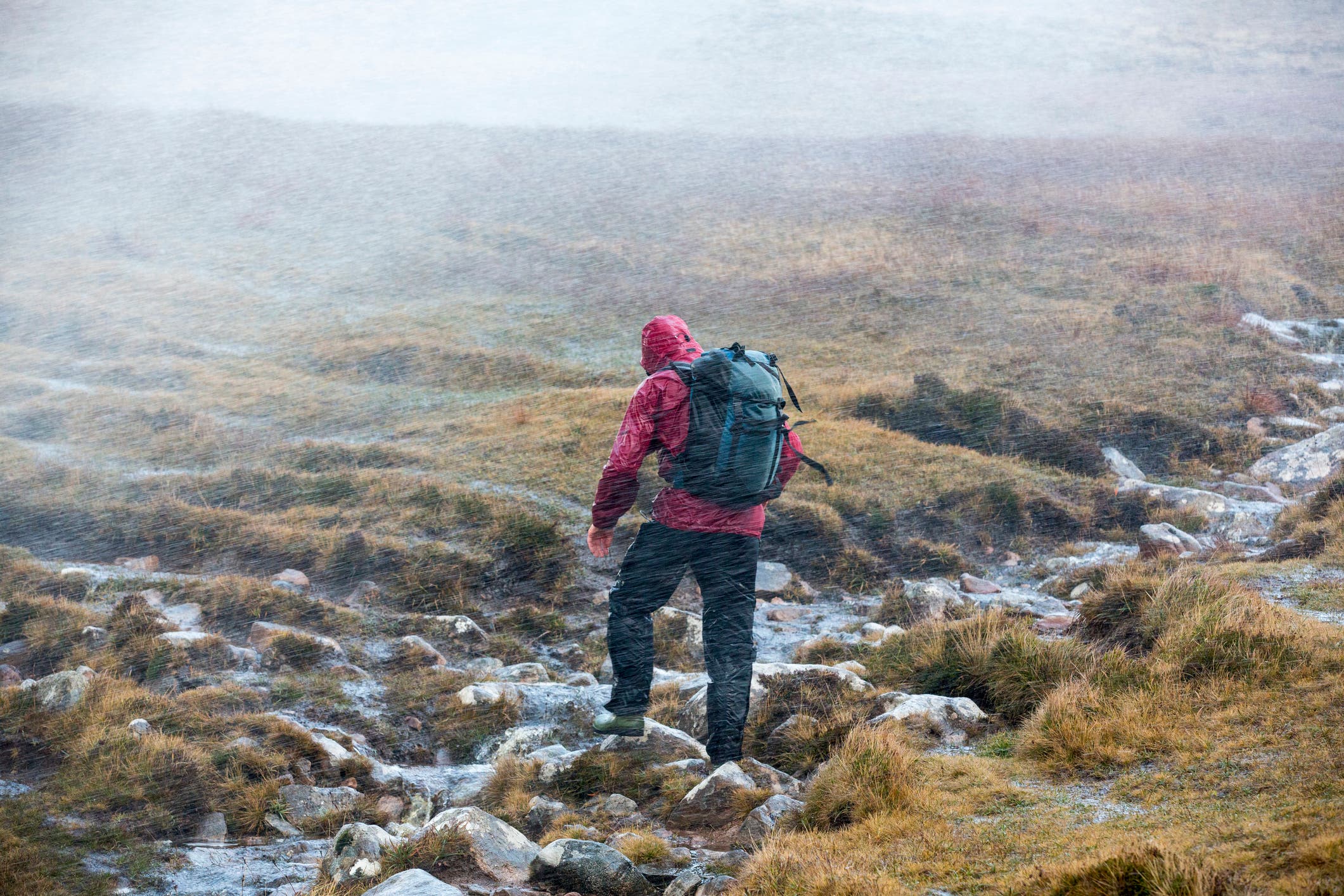 A hiker pushes through rain and wind.