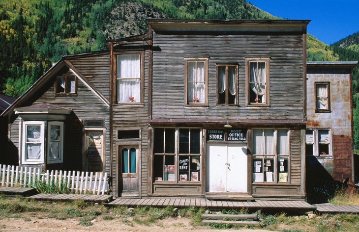 Old post office and store building in mining ghost town.St Elmo