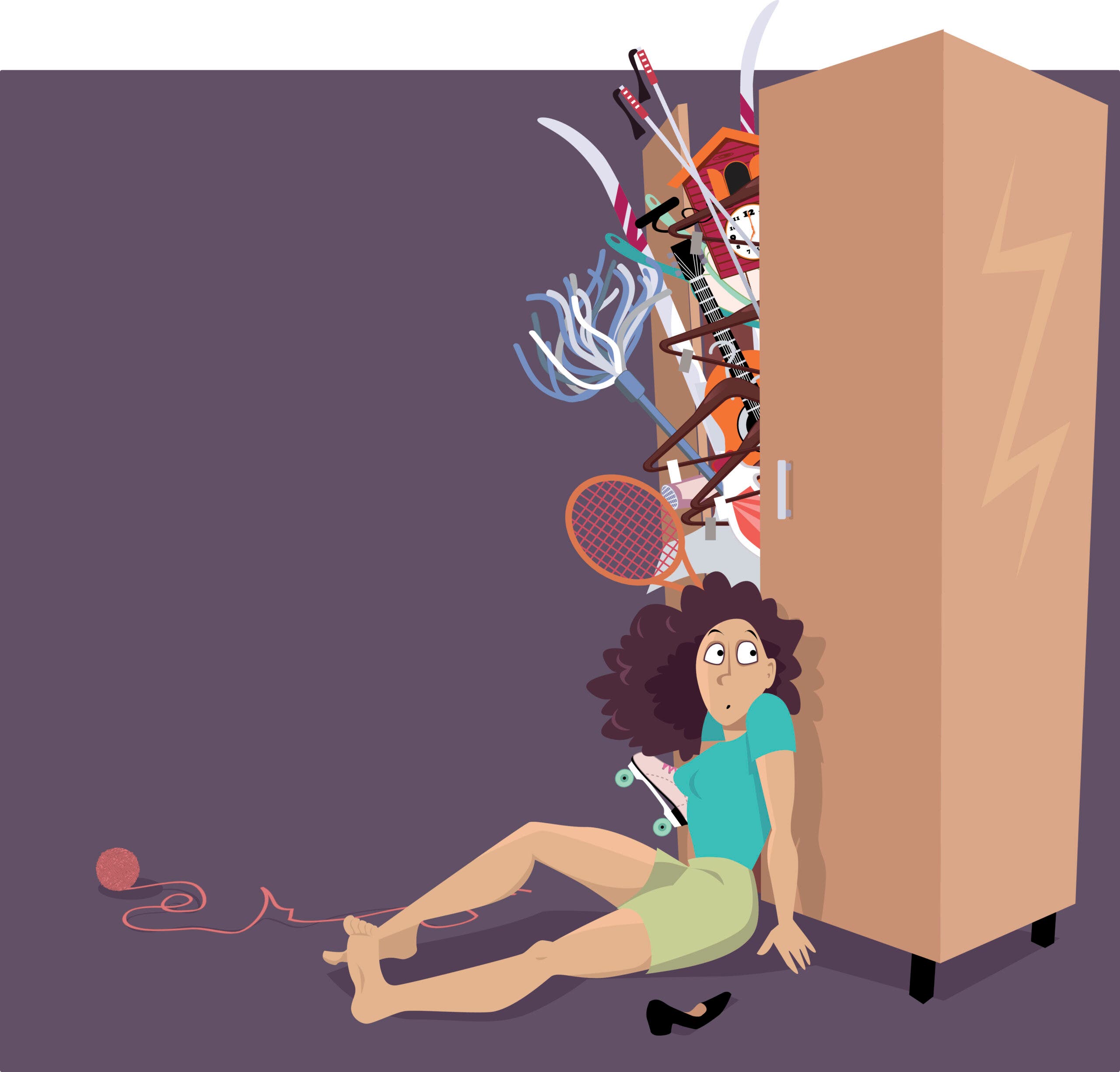 Cartoon of woman leaning against overflowing gear closet