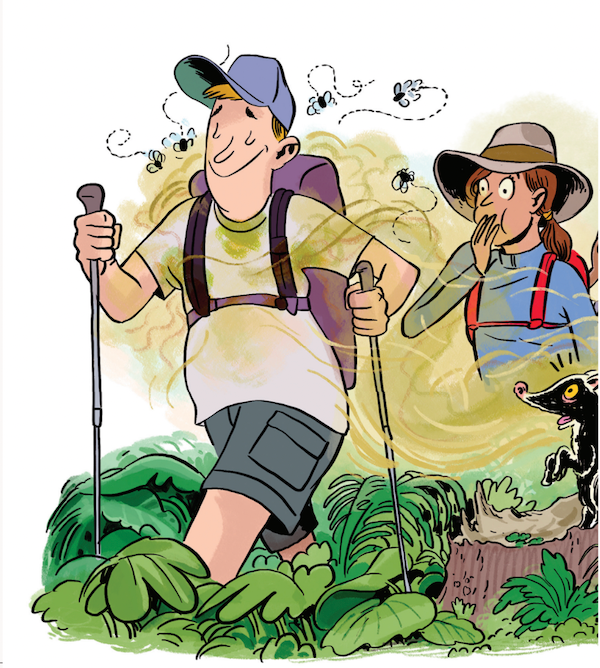 hiker with stink lines surrounding him