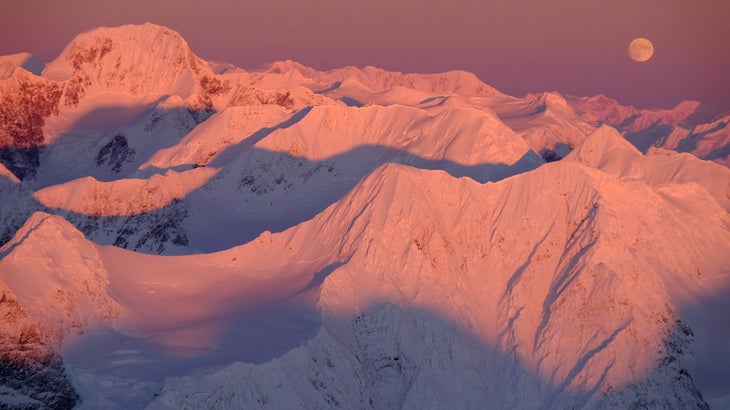 Mt. Gannett and a full moon over the Chugach Mountains, winter, Alaska