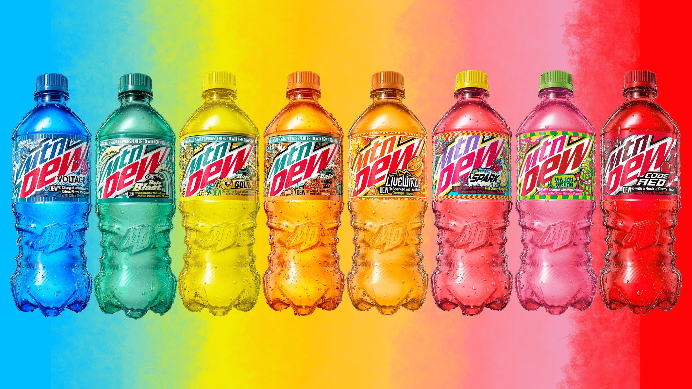 Flavors of Mountain Dew on colorful background