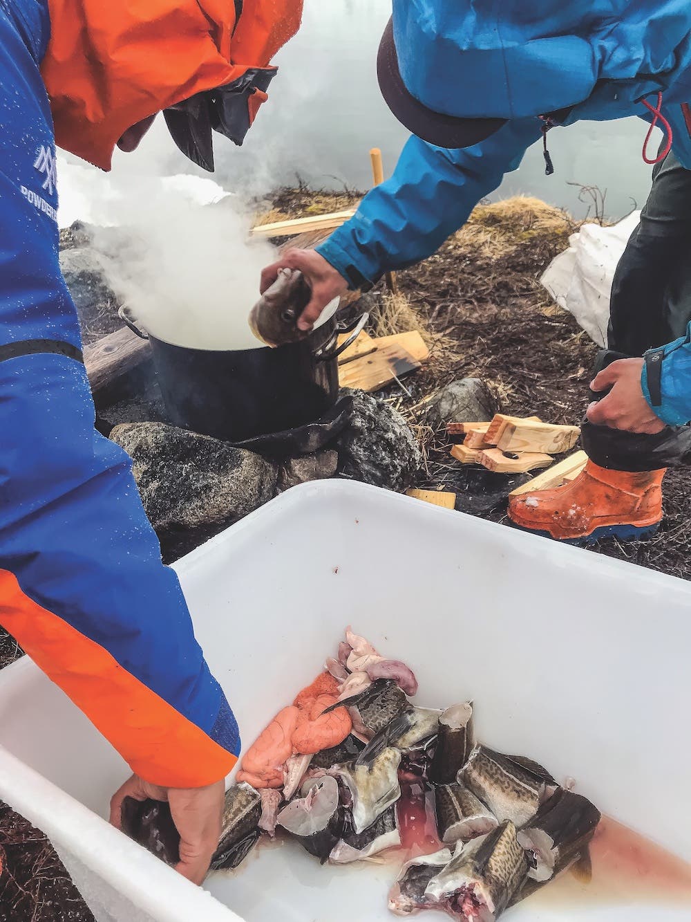 the guides prepare fresh-caught cod for dinner