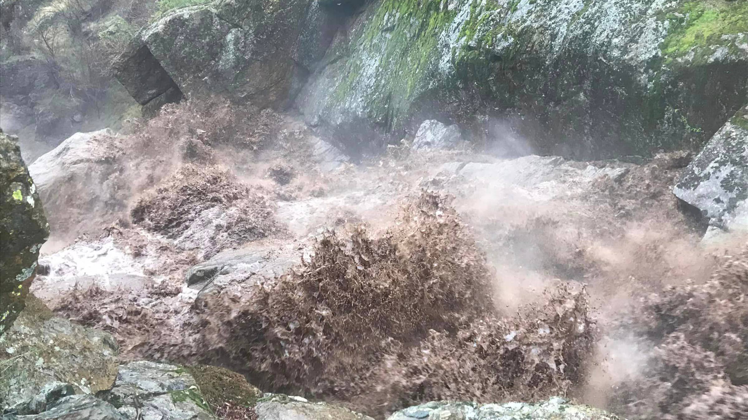 The normally quiet Bear Creek, near Mariposa, has exploded with racing, freezing water. Bear Creek feeds into the famous Merced River, which cuts through Yosemite Valley, about three hours from San Francisco. Yosemite is about to receive heavy snowfall.