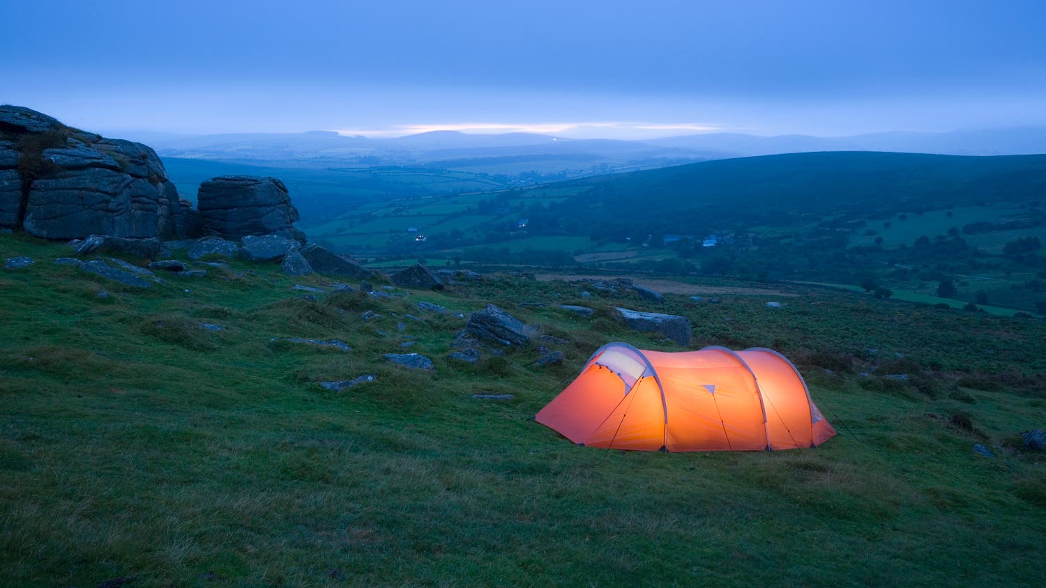 Wild Camping on Yar Tor at Dusk.  Dartmoor National Park