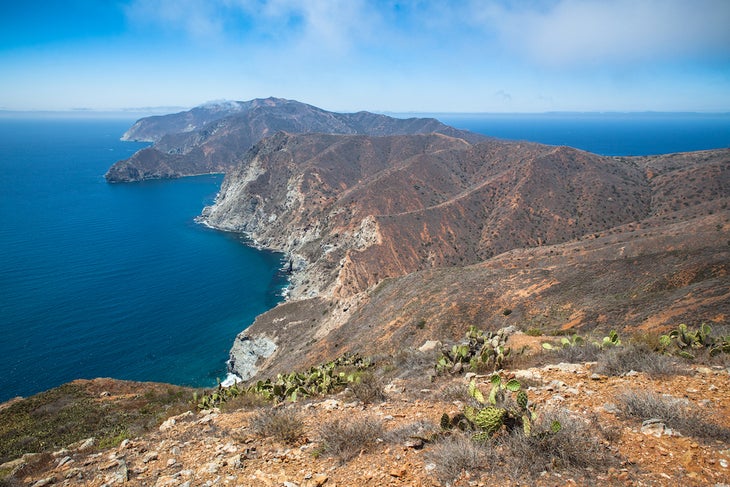 View from a peak along the Trans Catalina Trail looking toward the western end of the island. Both the Pacific and the mainland facing sides of the coast are visible.