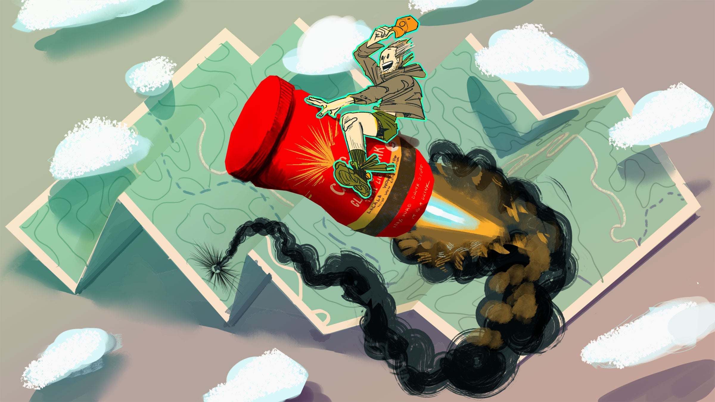 illustration of Grayson Haver Currin riding a can of Folgers Instant Coffee