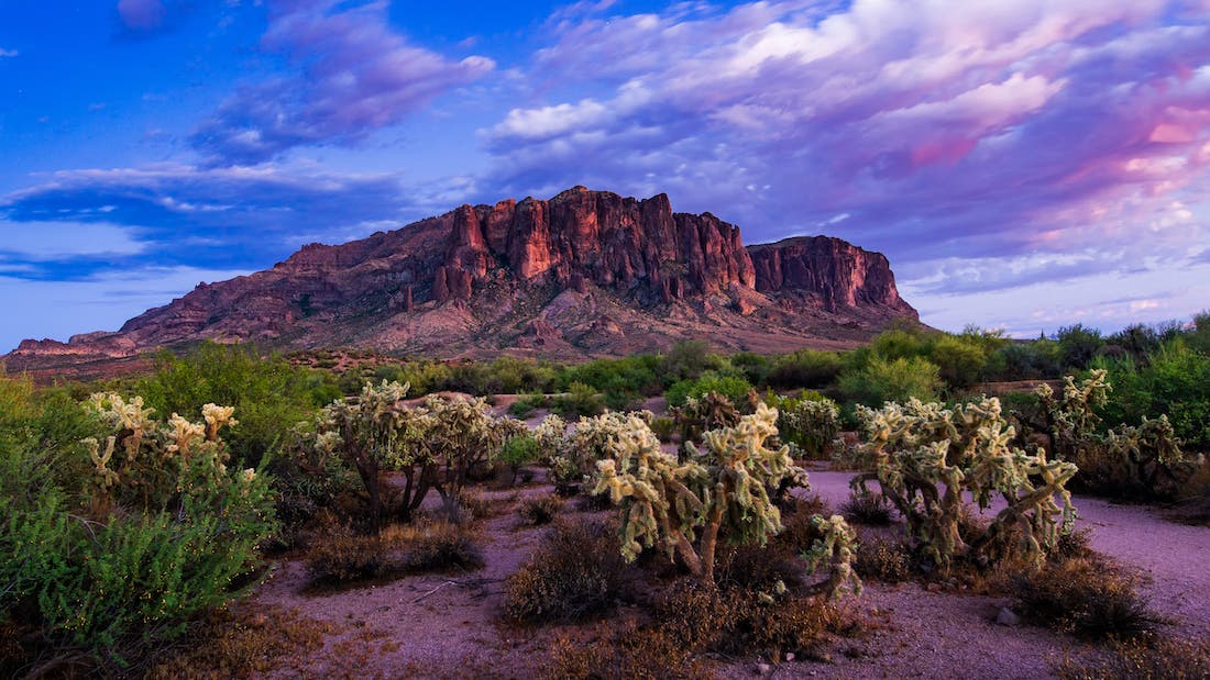 Scenic view of rocky mountains against sky, Superstition Mountains, Arizona