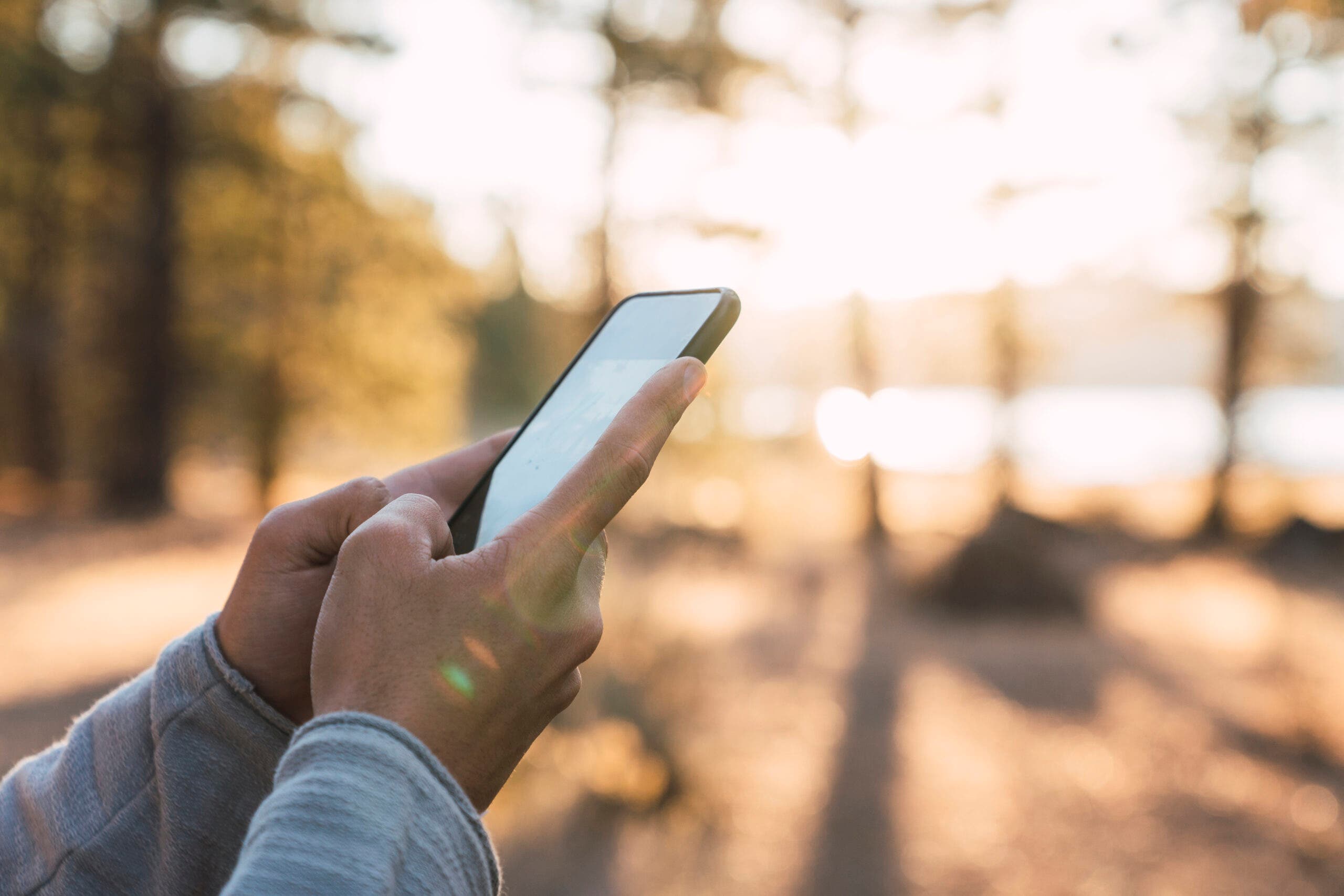 Close-up of hands scrolling on cell phone in front of forest background