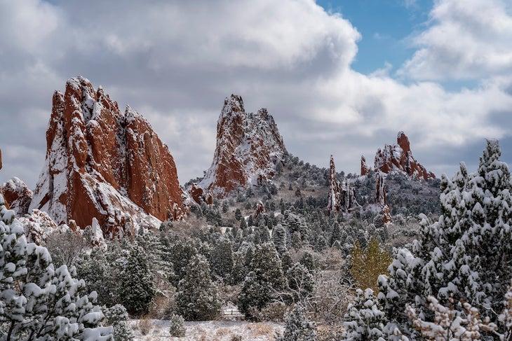 Rock Formations In Desert Covered In Snow In Winter, Garden Of The Gods, Colorado Springs, Colorado, United States