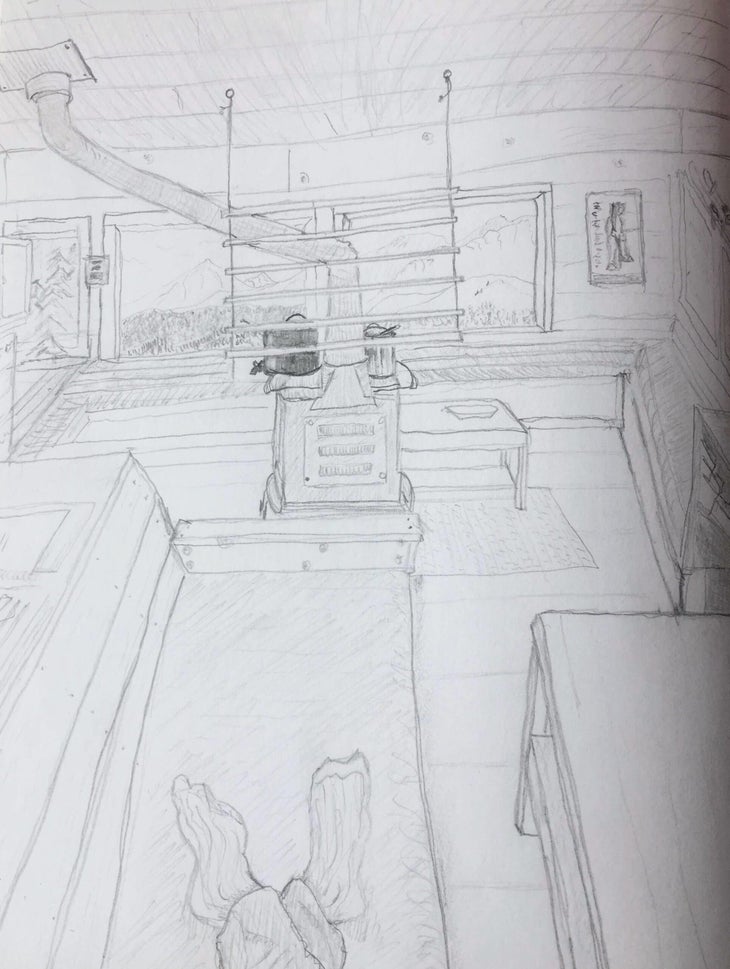 A pencil drawing of the inside of a mountain hut, showing a woodstove and windows