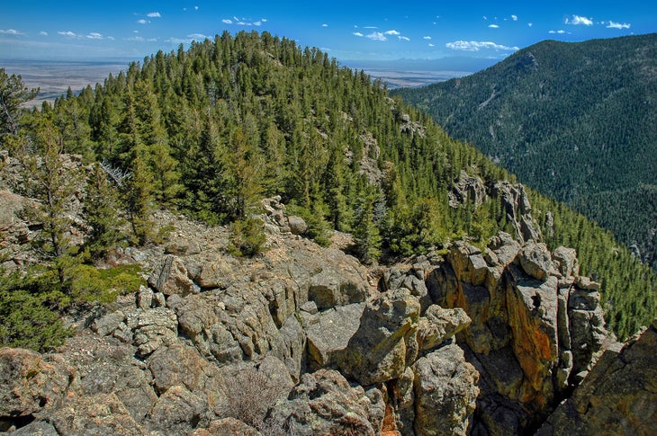 mountain with trees with rocks and boulders in the foreground