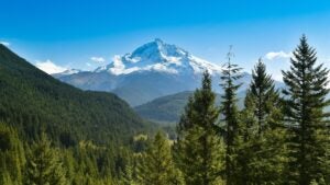 Mount Hood reaches into the bright blue sky as seen from Hood River, OR. 