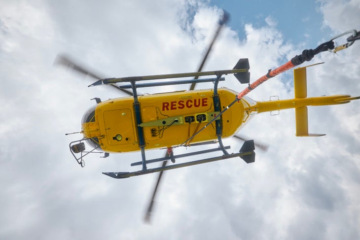 A rescue helicopter from below