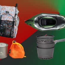 Outdoor holiday gifts on red and green background