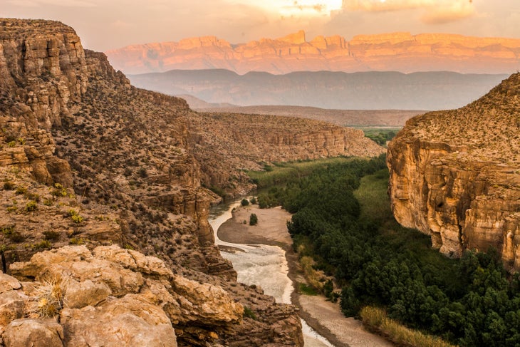 Scenic view of landscape against sky during sunset, Big Bend National Park