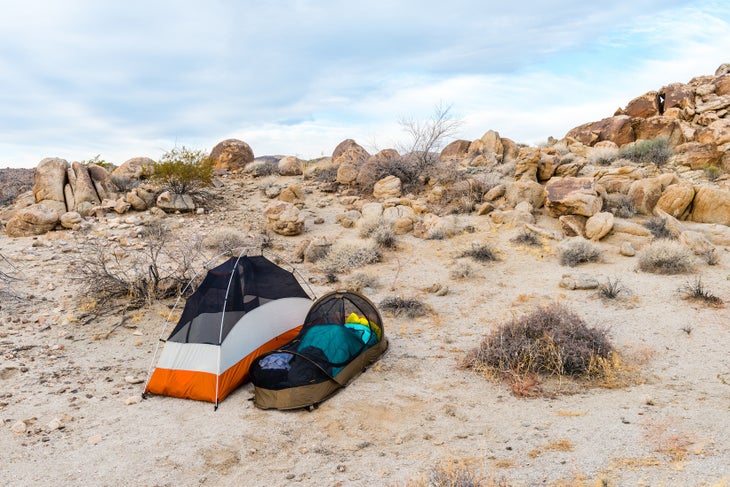 Backpacking tents in the wilderness area in Joshua Tree National Park, California