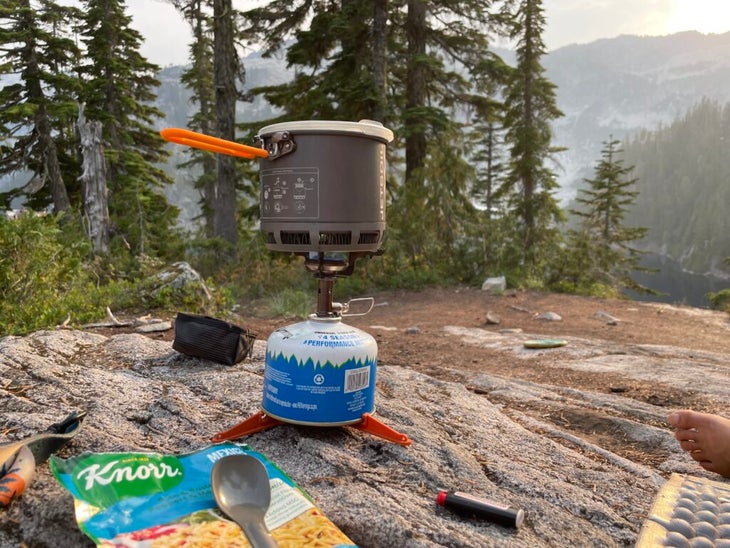 Knorr Rice Sides cooking on a camp stove.