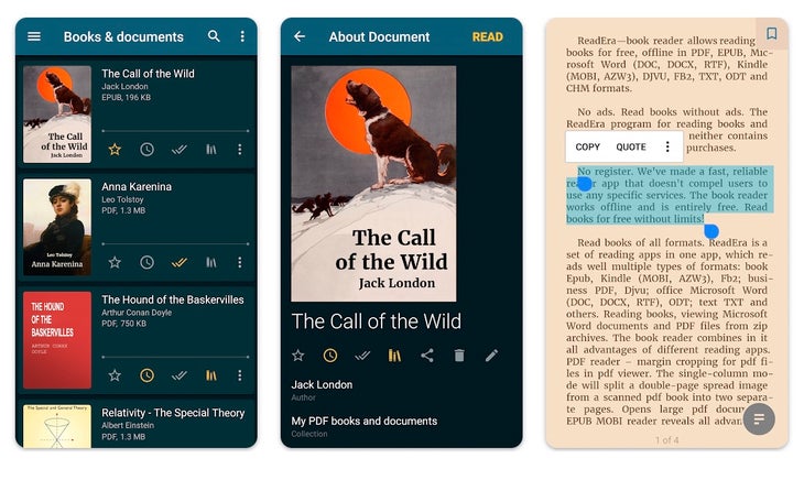 Screenshots of an e-Reader app