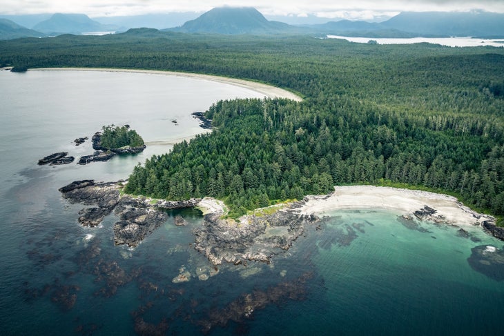 Aerial view of the Tofino coastline in Vancouver Island Pacific National Park