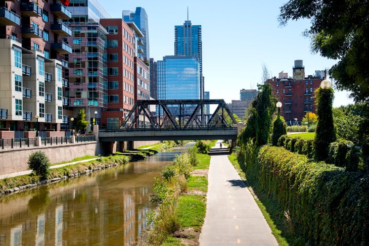 Cherry Creek Railroad Bridges have been converted to pedestrian walkways over Cherry Creek and the Cherry Creek Trail Denver-area trails via public transit