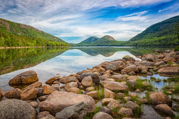Views of Bubbles Mountains see from Jordan Pond best hikes in acadia national park