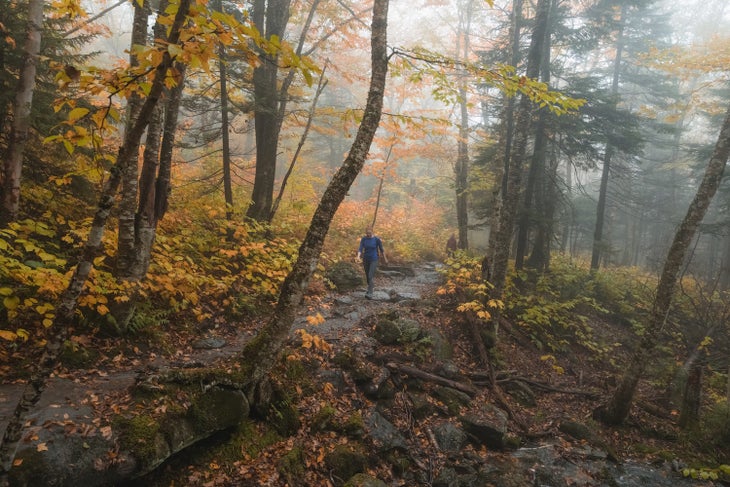 hiking Mt. Mansfield in Vermont in the fall with foggy, rainy weather