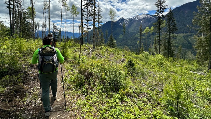 hiking on trail in mountains