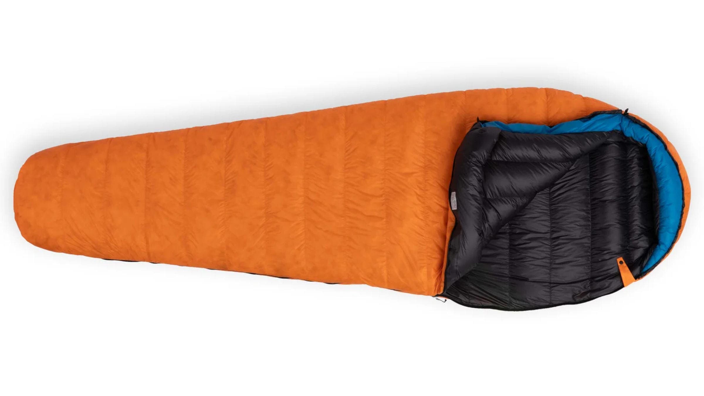 Feathered Friends Swallow UL 20 orange and black sleeping bag on a white background