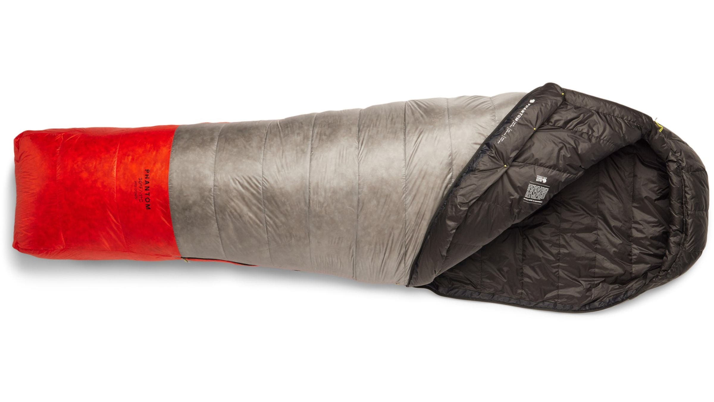Mountain Hardwear Phantom 30 red, silver, and black sleeping bag on a white background