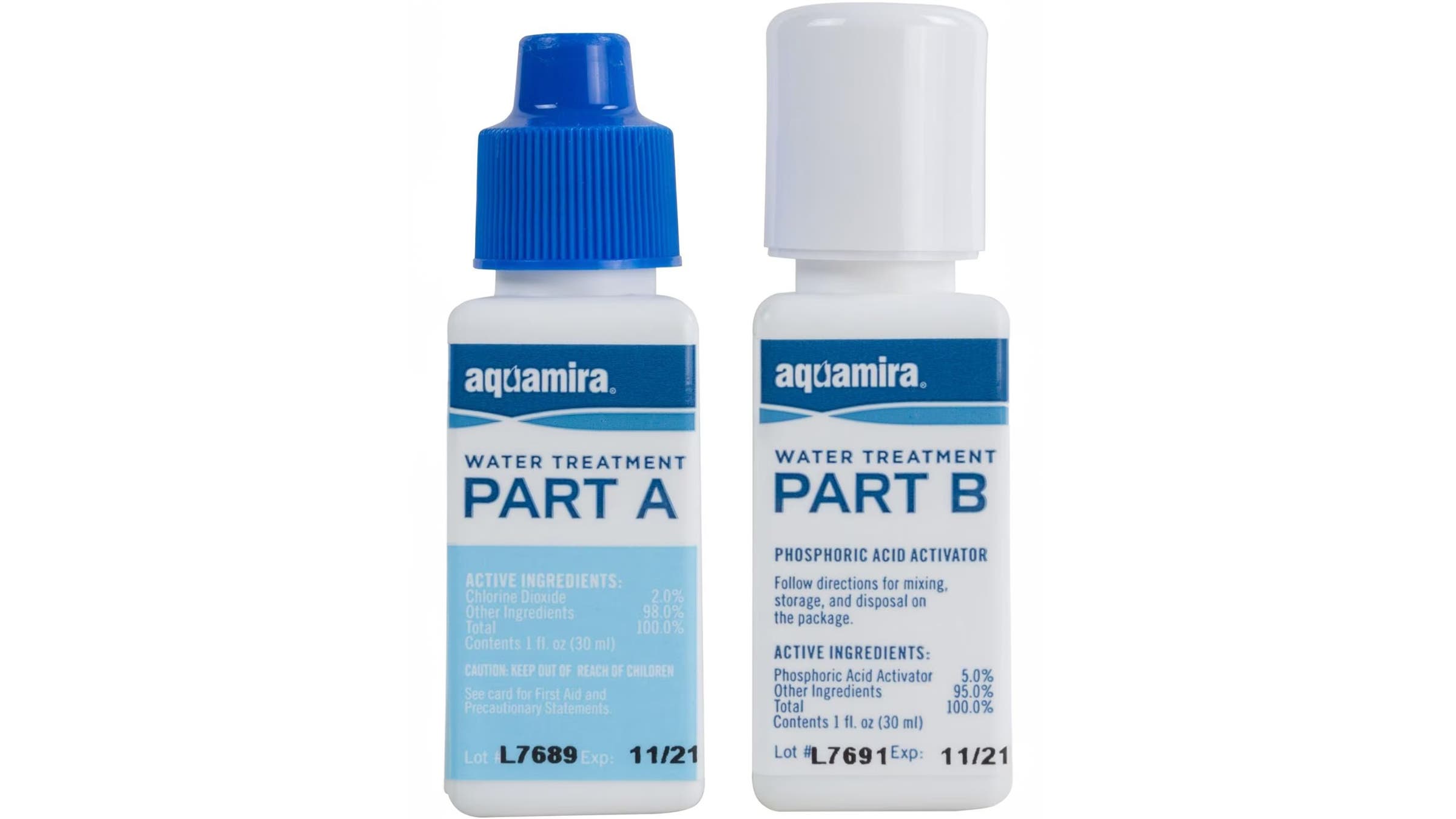 Aquamira Water Treatment drops on white background