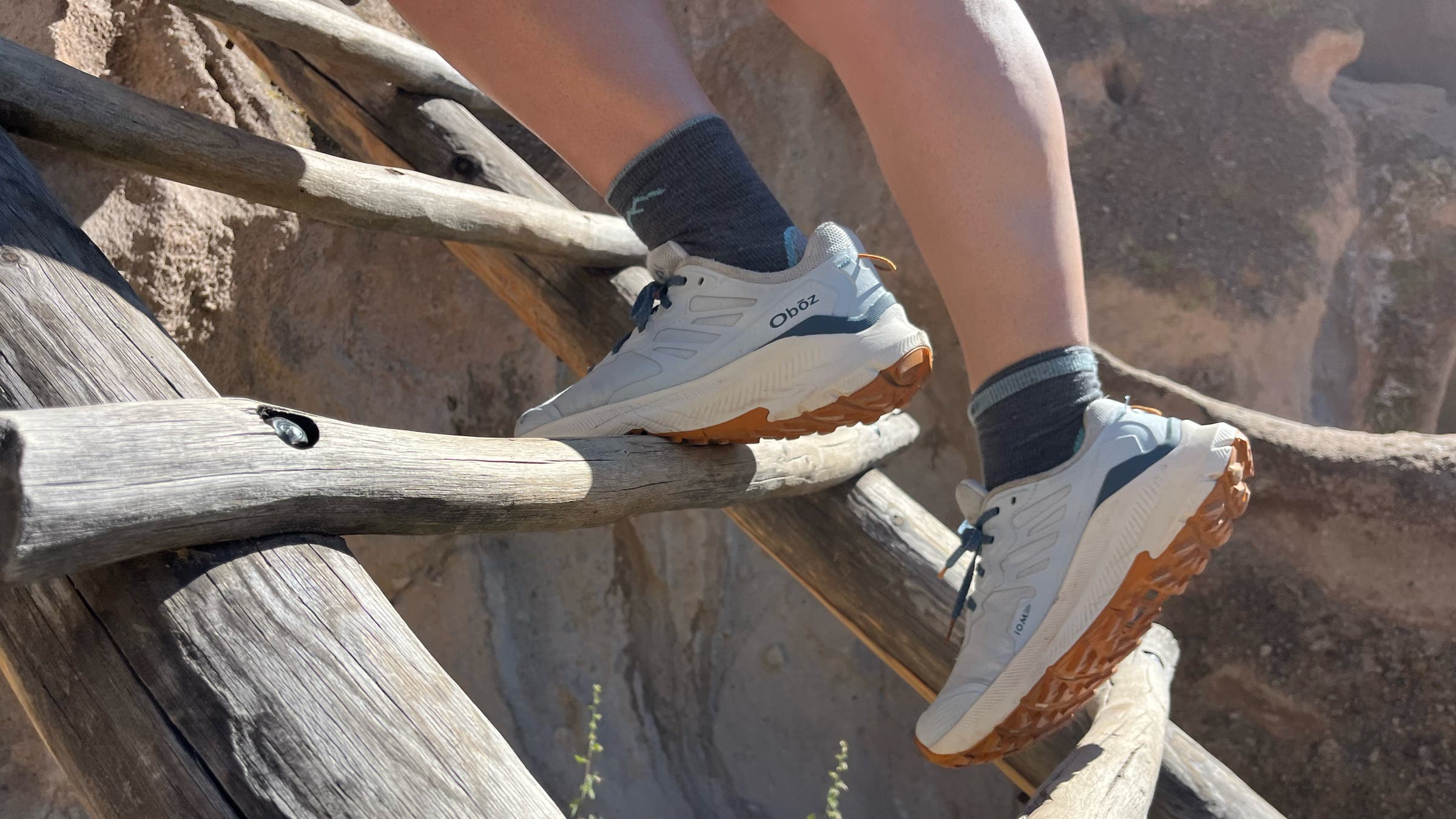 Oboz Katabatic Wind boot hiking up wooden ladder