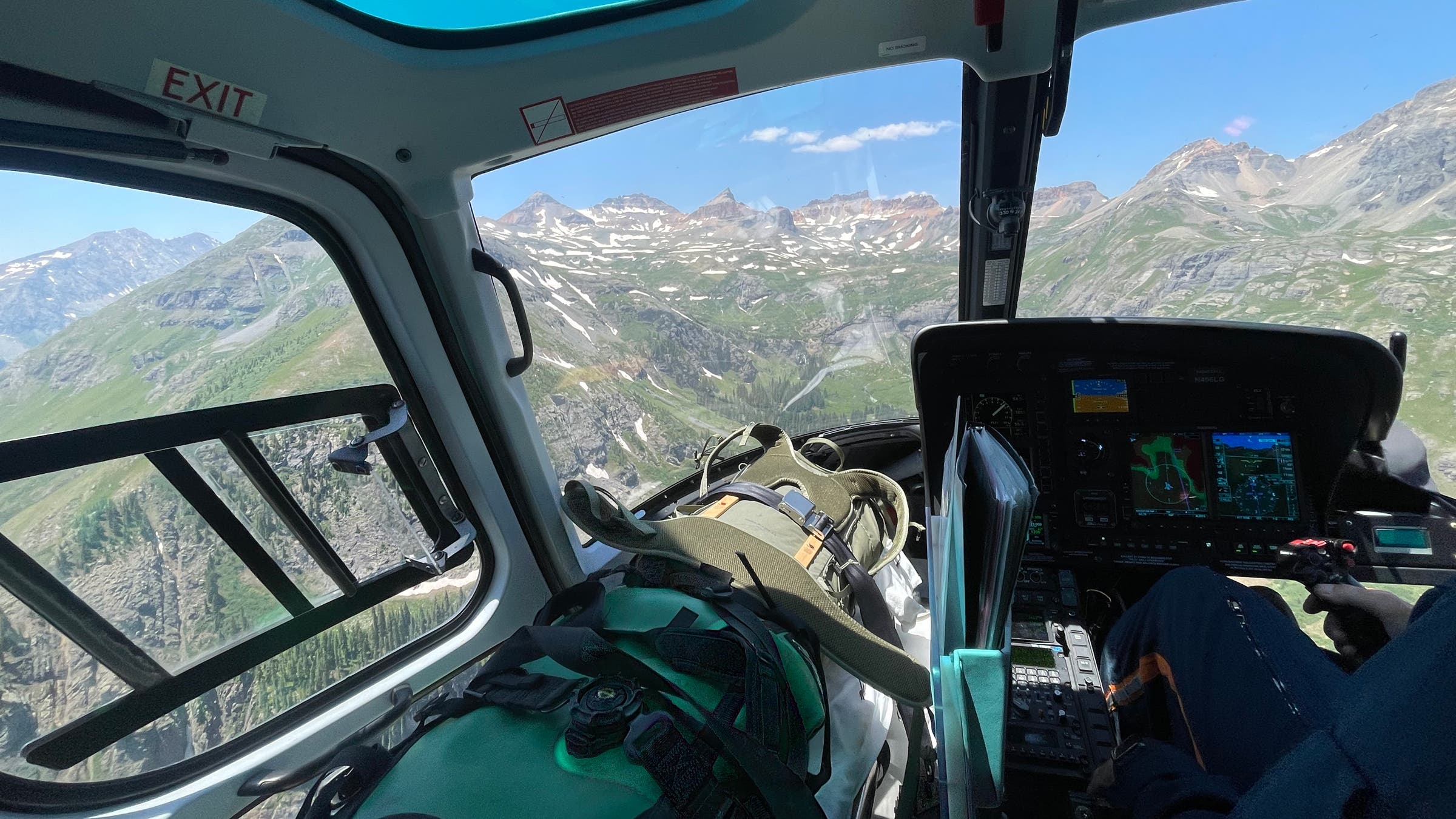 Fjällräven Kajka X-Latt 45 backpack flying into the backcountry in helicopter for trip.