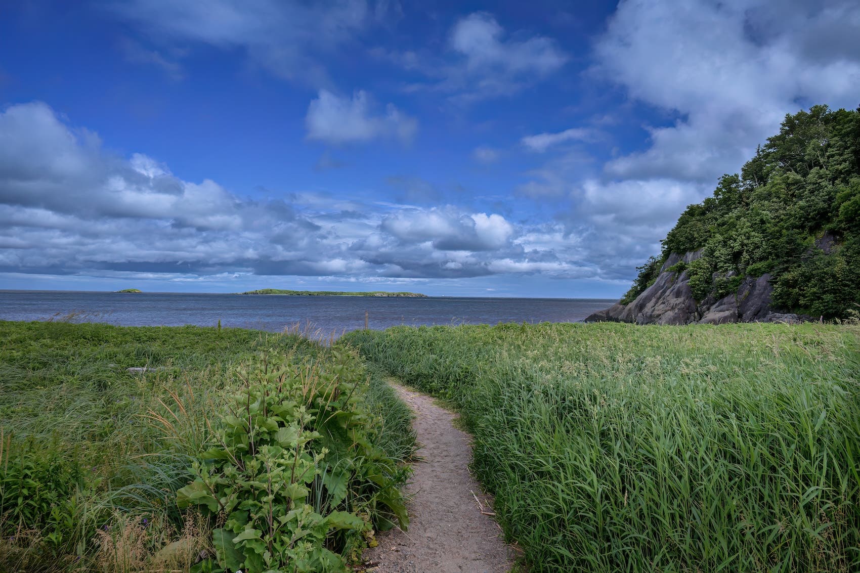 Pathway to beach and the Bay of Fundy at Irving Nature Park near Saint. John, New Brunswick, Canada. The Irving Nature Park is park with a salt marsh along the Bay of Funday.