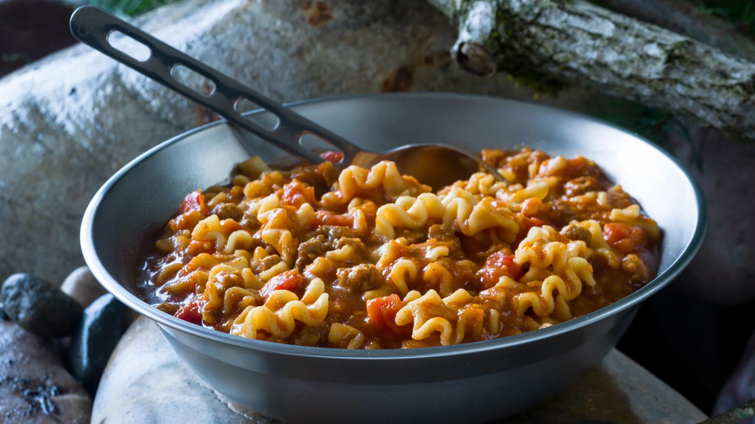 A bowl of rehydrated Mountain House backpacking meal