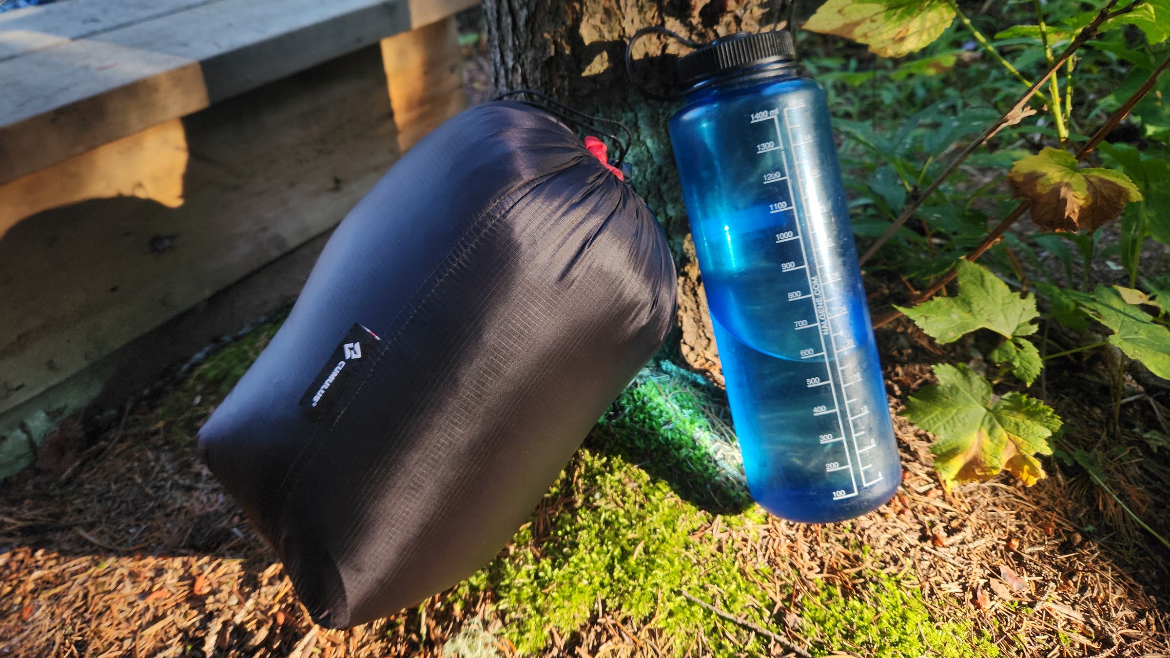 Cumulus Aerial 250 ultralight sleeping bag comparison in pack-down size to Nalgene water bottle