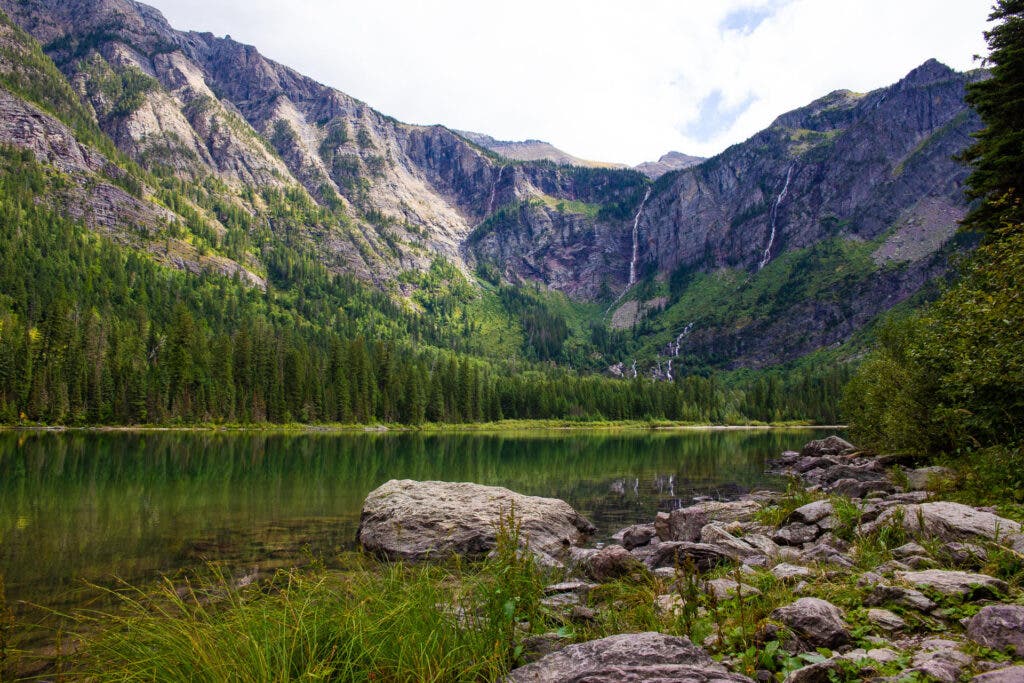 Monument Falls on the other side of Avalanche Lake in Glacier National Park