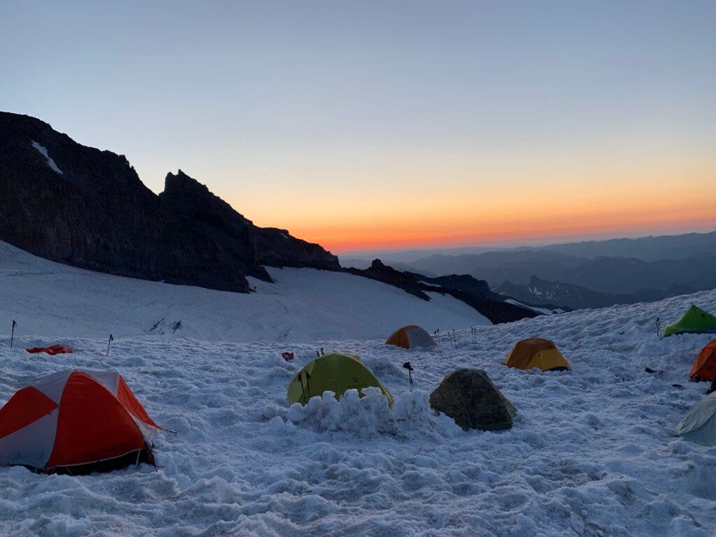 A few of the tents surrounding Camp Muir at sunrise