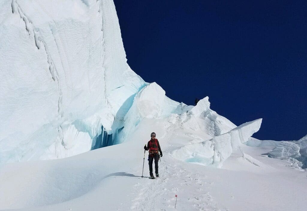 A hiker descending Mt. Rainier