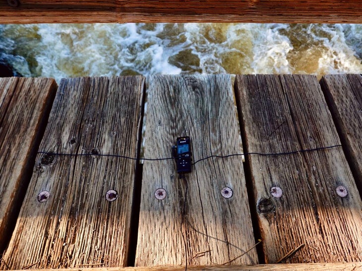 Recording equipment on a bridge over the Kern River.